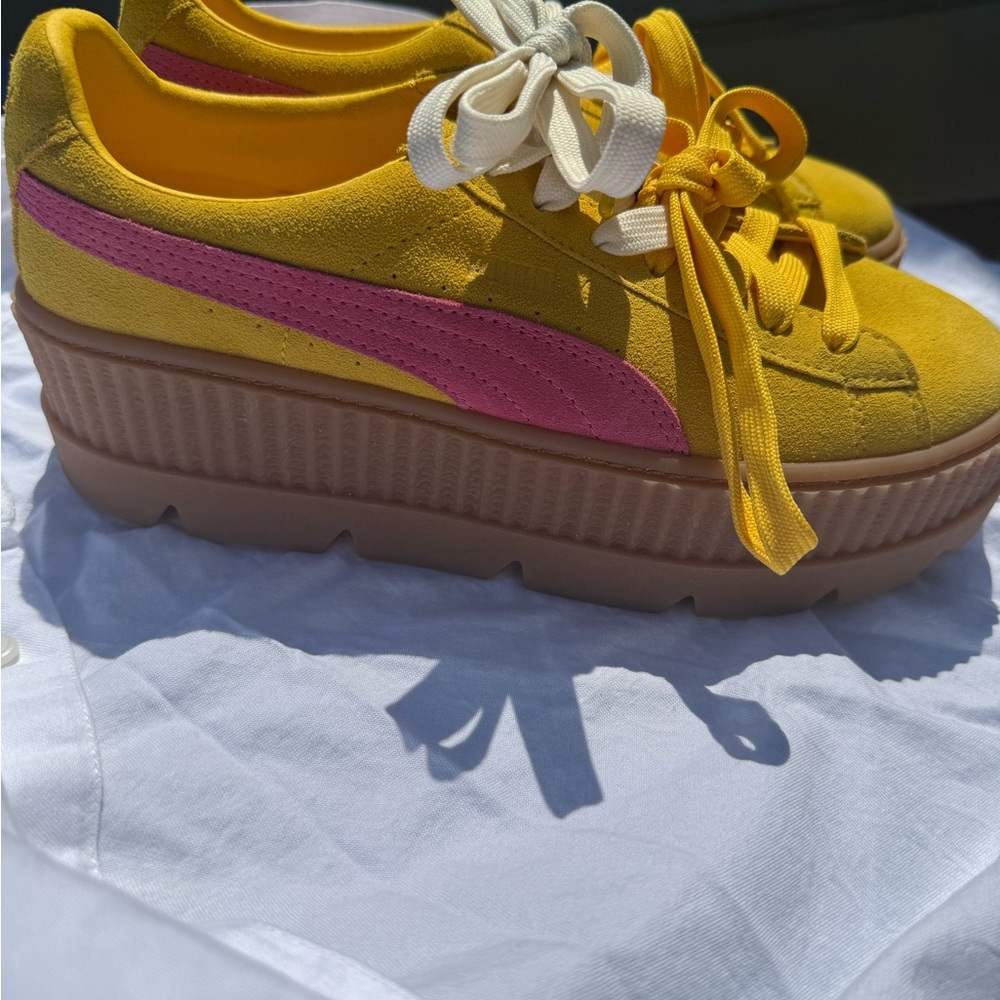 Fenty Puma Yellow and Pink Platform Sneakers with Retro Style